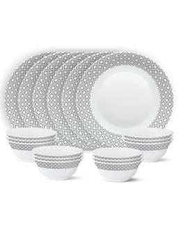 Larah by Borosil - White Cone Black Grey Blue Opalware 18 Piece Dinner Set