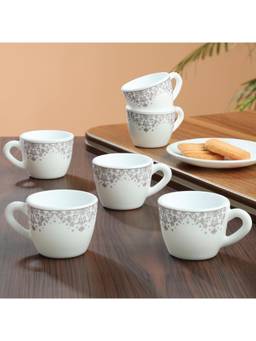 Larah by Borosil - White Lark Opalware Tea & Coffee Mugs (Pack of 6)