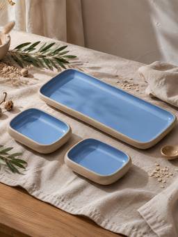 Vola - Blue Earthen Soul Serving Rectangle Platter with 2 Bowls