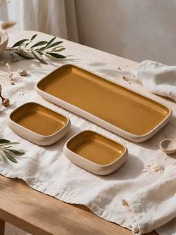 Vola - Mustard Earthen Soul Serving Rectangle Platter with 2 Bowls