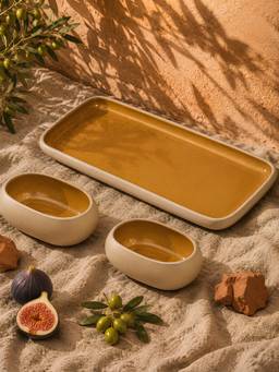 Vola - Mustard Earthen Soul Serve Rectangle Platter with 2 Oval Bowls