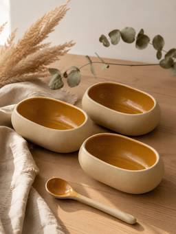 Vola - Mustard Vola Global Earthen Soul Oval Porcelain Bowls (Pack of 3)