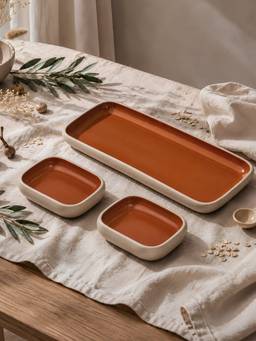 Vola - Red Earthen Soul Serving Rectangle Platter with 2 Bowls