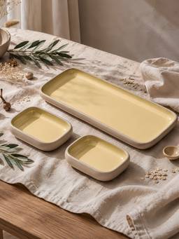 Vola - Cream Earthen Soul Serving Rectangle Platter with 2 Bowls