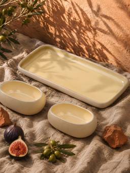 Vola - Cream Earthen Soul Serve Rectangle Platter with 2 Oval Bowls