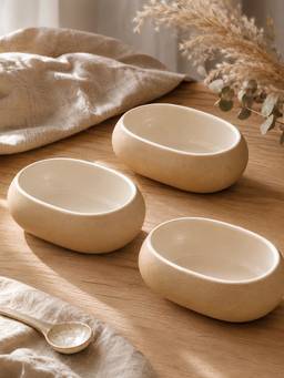 Vola - Cream Vola Global Earthen Soul Oval Porcelain Bowls (Pack of 3)
