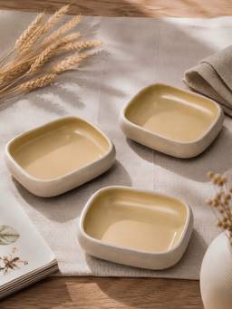 Vola - Cream Earthen Soul Recta Earth Porcelain Rectangle Bowls (Pack of 3)