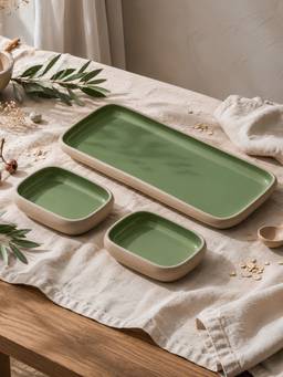 Vola - Green Earthen Soul Serving Rectangle Platter with 2 Bowls