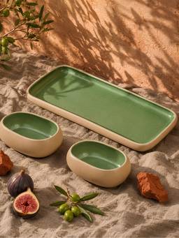 Vola - Green Earthen Soul Serve Rectangle Platter with 2 Oval Bowls