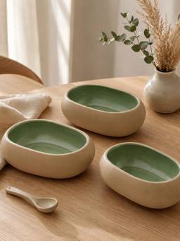 Vola - Green Vola Global Earthen Soul Oval Porcelain Bowls (Pack of 3)