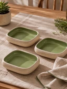 Vola - Green Earthen Soul Recta Earth Porcelain Rectangle Bowls (Pack of 3)