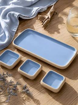 Vola - Blue Earthen Soul Dip & Serve Rectangle Platter with 3 Square Dip Bowls