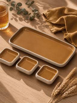 Vola - Mustard Earthen Soul Dip & Serve Rectangle Platter with 3 Square Dip Bowls