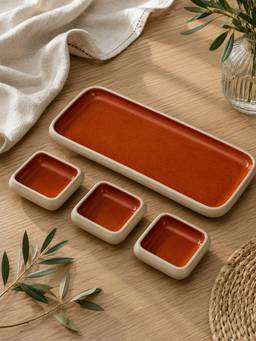 Vola - Red Earthen Soul Dip & Serve Rectangle Platter with 3 Square Dip Bowls