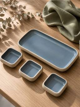 Vola - Grey Earthen Soul Dip & Serve Rectangle Platter with 3 Square Dip Bowls