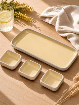 Vola - Cream Earthen Soul Dip & Serve Rectangle Platter with 3 Square Dip Bowls