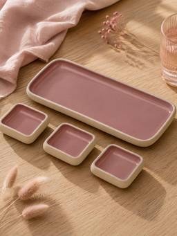 Vola - Pink Earthen Soul Dip & Serve Rectangle Platter with 3 Square Dip Bowls