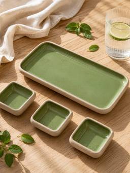 Vola - Green Earthen Soul Dip & Serve Rectangle Platter with 3 Square Dip Bowls