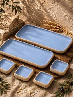 Vola - Blue Earthen Soul 2 Rectangle Platters with 4 Square Dip Bowls