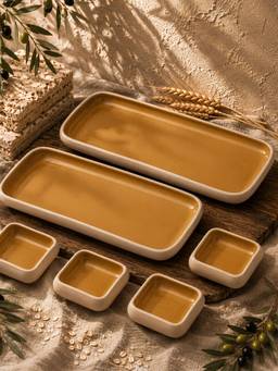 Vola - Mustard Earthen Soul 2 Rectangle Platters with 4 Square Dip Bowls