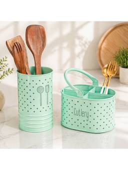Voncasa - Light Green Polka Dot Metal Cutlery & Ladle Holder (Pack of 2)