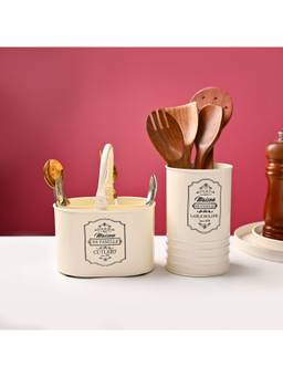 Voncasa - Cream Printed Glossy Finish Cutlery & Ladle Holder (Pack of 2)