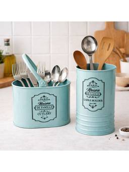 Voncasa - Blue Printed Glossy Finish Cutlery & Ladle Holder (Pack of 2)