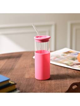 Voncasa - Pink & Transparent Glass Water Bottle with Straw (480ml)