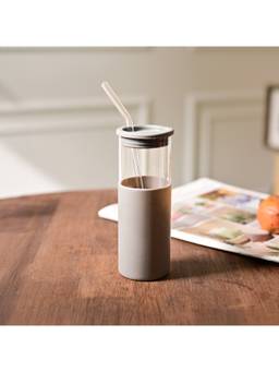 Voncasa - Grey & Transparent Glass Water Bottle with Straw (480ml)