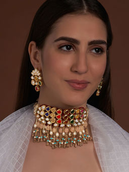 Joules By Radhika - Navratna Multi color Necklace and Earring with Jade Drops (Set of 2)