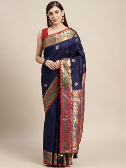 Sangam Prints - Navy Blue Silk Woven Zari Work Tassle Saree with Unstitched Blouse with Unstitched
