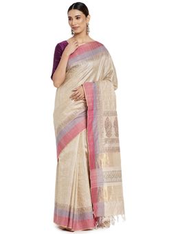 Fabindia - Silk Hand Block Printed Saree without Blouse - Beige