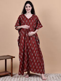 Secret Wish - Maroon Ikkat Floral Print Cotton Maternity Kaftan