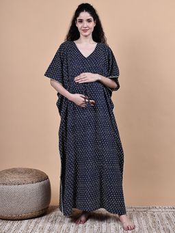 Secret Wish - Navy Blue Floral Cotton Maternity Kaftan