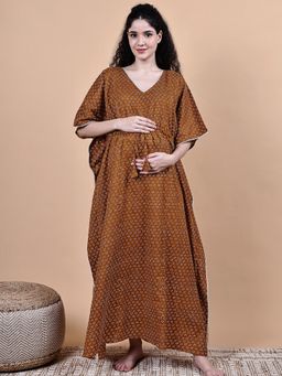 Secret Wish - Brown Floral Cotton Maternity Kaftan