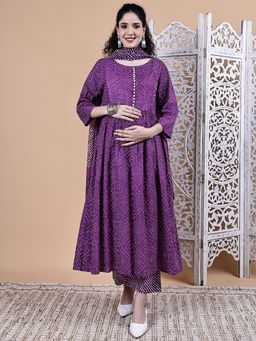 Secret Wish - Purple Bandhani Cotton Maternity Kurta with Pant & Dupatta