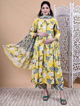 Secret Wish - Yellow Floral Cotton Maternity Kurta with Pant & Dupatta