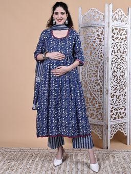 Secret Wish - Navy Blue Floral Cotton Maternity Kurta with Pant & Dupatta