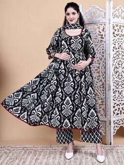 Secret Wish - Black Ikkat Cotton Maternity Kurta with Pant & Dupatta