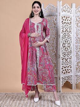Secret Wish - Pink Paisley Cotton Maternity Kurta with Pant & Dupatta
