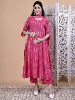 Secret Wish - Pink Ikkat Stripes Cotton Maternity Kurta with Pant & Dupatta