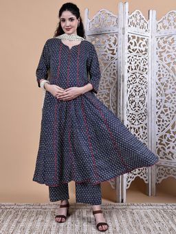 Secret Wish - Navy Blue Floral Cotton Maternity Kurta with Pant & Dupatta