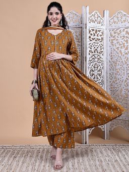Secret Wish - Mustard Ikkat Floral Print Cotton Maternity Kurta with Pant & Dupatta