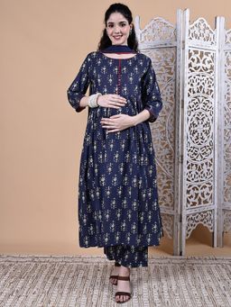 Secret Wish - Navy Blue Ikkat Floral Print Cotton Maternity Kurta with Pant & Dupatta