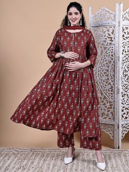Secret Wish - Rust Ikkat Floral Print Cotton Maternity Kurta with Pant & Dupatta