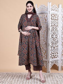 Secret Wish - Brown Ajrakh Print Cotton Maternity Kurta with Pant & Dupatta