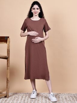 Secret Wish - Brown Solid Ribbed Cotton Maternity Midi Dress