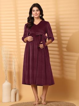 Secret Wish - Wine Solid Velvet Winter Maternity Midi Dress