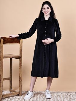 Secret Wish - Black Solid Velvet Winter Maternity Midi Dress