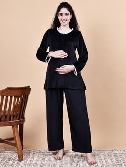 Secret Wish - Black Solid Velvet Winter Maternity Shirt & Pant Night Suit